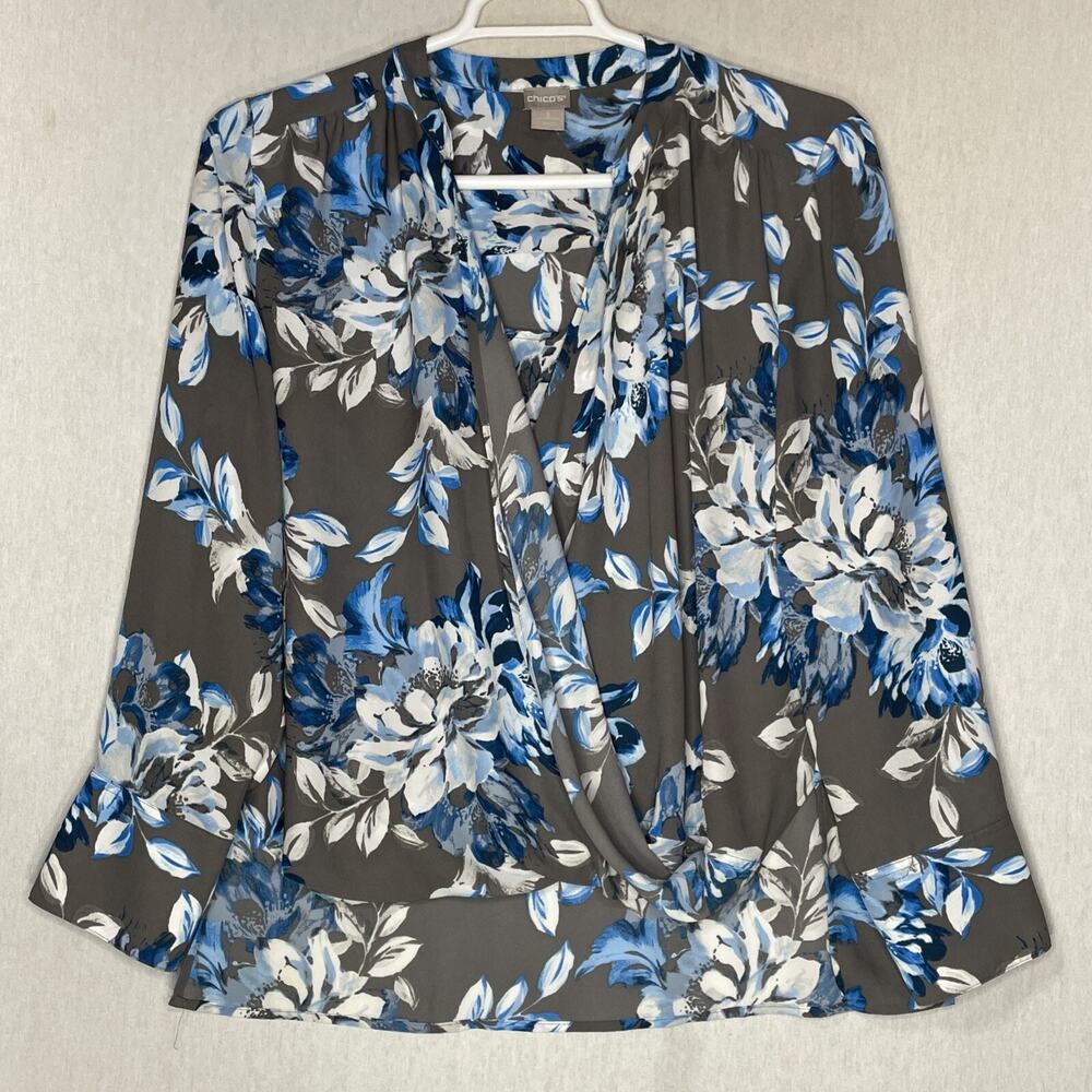 Chico's Top Size 3 Blue Gray Floral Long Sleeve Fall Office Career Professional